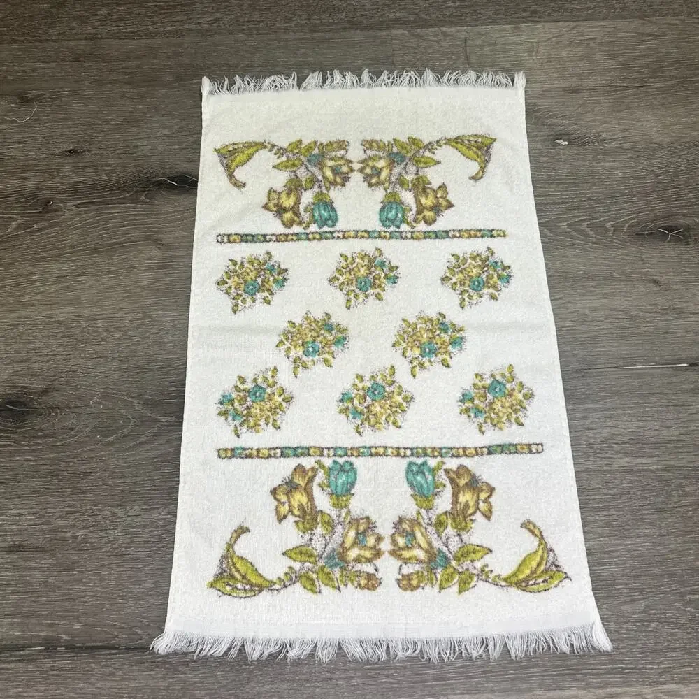 VTG Boho Yellow Blue White Floral Hand Towel 25” x 14.5” Leshner Fringe